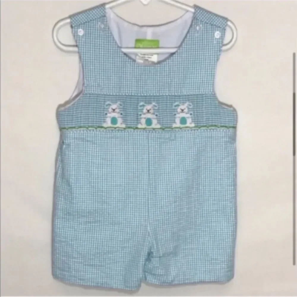 Classic Whimsy Easter Bunny Rabbit Blue Checkered Overalls